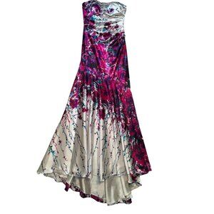 La Femme Women's Strapless Maxi Dress Stretch Size 6 White Purple Floral Formal